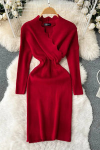 Cross V-neck Elegant Knit Sweater Dress Women Elastic Waist Long Sleeve Ladies Dress
