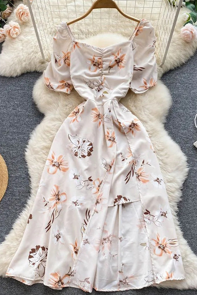 Women Dress Fashion Folds V-neck Floral Print Slit Long Dress Elegant Puff Sleeve Vacation Party Dress