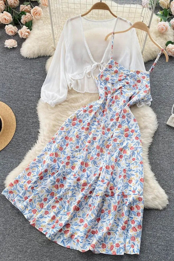 Women Dress Set Holiday Floral Strap Long Dress+ Sun Protection Shawl Beach Tops Two-Piece