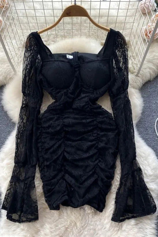 Elegant Lady Skinny Lace Dress Fashion Flare Sleeve Gothic Short Dress Party Vestidos
