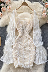 Romantic Women Lace Bodycon Party Dress Elegant Lantern Sleeve Gothic Mini Dress Vestido