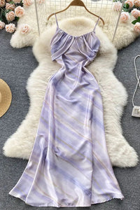 Romantic Tie Dye Long Party Dress Elegant Ruched High Waist Strap Women Dress