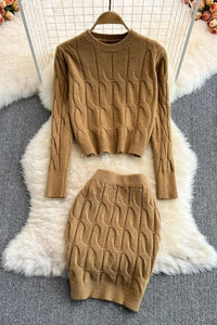 Women Dress Set Fashion Long Sleeve Knitted Tops + Slim Mini Skirts Two Piece Suits
