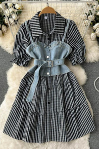 Women Dress Set Retro Gothic Denim Vests + Striped Short Shirt Dress 2 pcs Sets