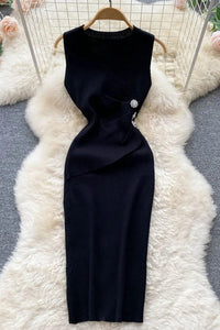 Women Dress Elegant Slim Waist Buttons Design Knee-length Knit Dress