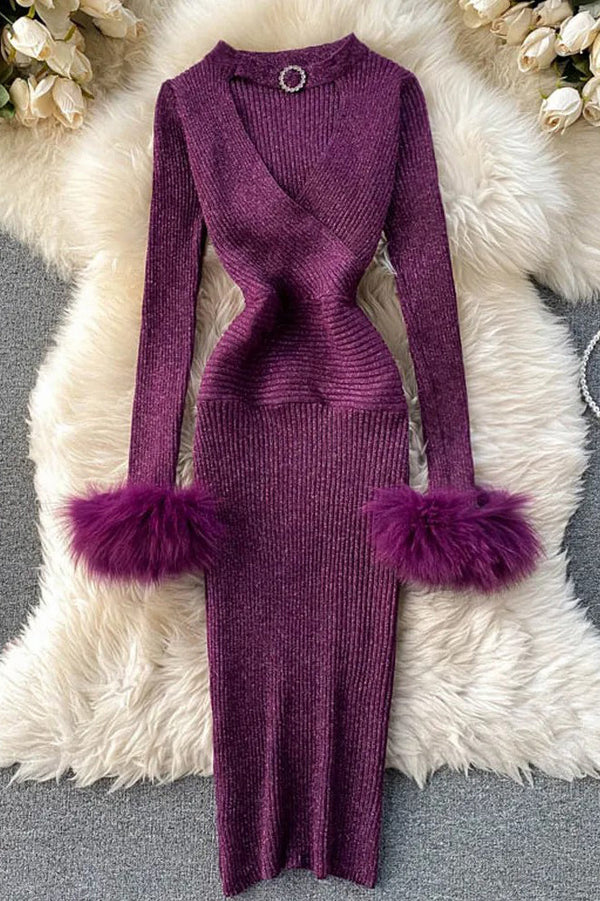 Shining Knitted Women Dress Hollow Out V-neck Halter Bodycon Party Dress Fashion Dress