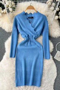 Cross V-neck Elegant Knit Sweater Dress Women Elastic Waist Long Sleeve Ladies Dress