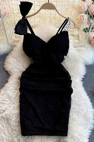 Fashion Mini Lace Dress Women Slim Sheath Bow Strap Dress