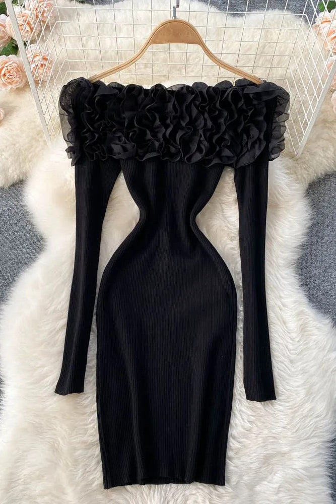 Romantic Women 3D Flowers Bodycon Party Dress Elegant Off Shoulders Long Sleeve Knitted Dress