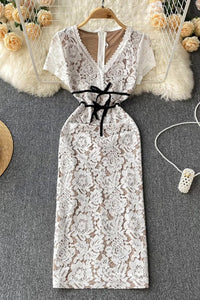 Elegant Women Lace Party Dress Short Sleeve Slim Waist Dress