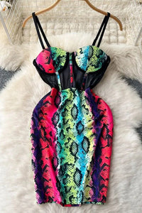 Women Lace Patchwork Print Bodycon Straps Dress Slim High Waist Package Hips Mini Dress