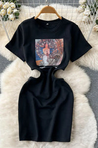 Cut Out Waist Mini T Shirt Dress Breathable Print Bodycon Dress