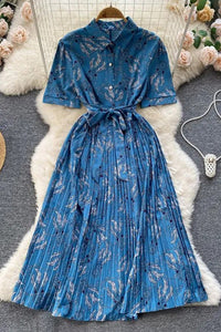 Elegant Dress Women Fashion Floral Print Pleated Long Dress