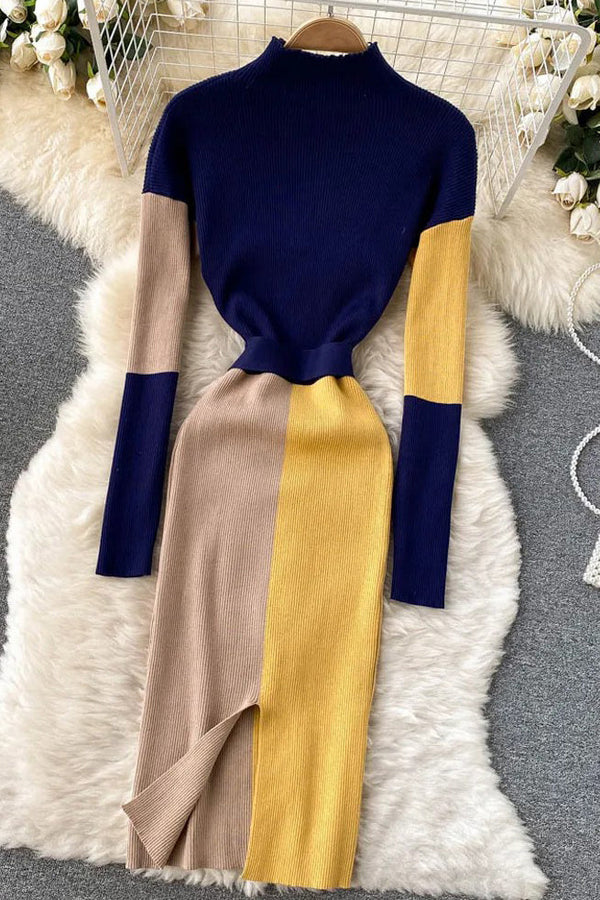 Women Dress Elegant Color Patchwork Knitted Sweater Dress With Belt