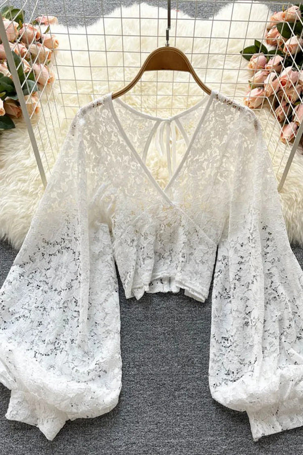 Backless Lace Shirt Hollow Out Transparent Short Blouse Women Elegant Crop Tops