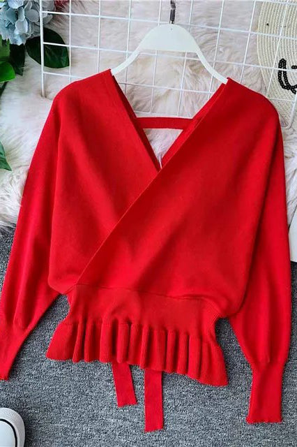 Elegant V Neck Ruffle Sweater Women Fashion Pullover Jumper Knitted Ladies Office Sweater