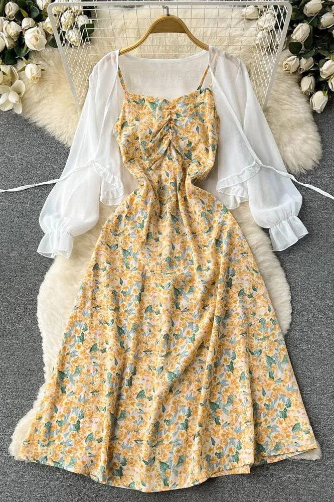 ladies dress set Women Dress Set Fashion Floral Print Strap Dress + Chiffon Shawl Vacat – TOP SHOW