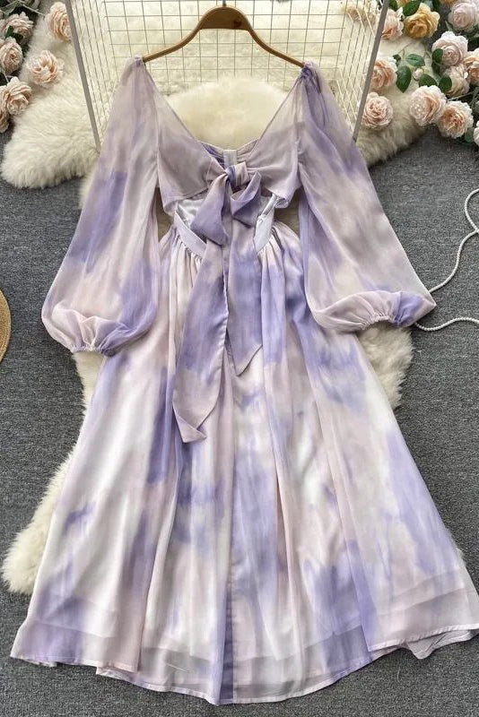 Romantic Tie Dye Print Long Dress Fashion Big Swing A-line Chiffon Dress Party Dress