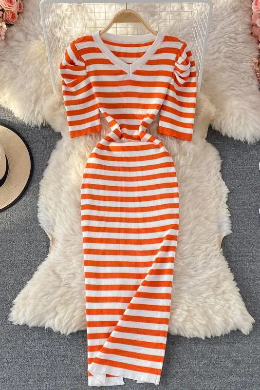 Women Elegant Puff Sleeve Stripes Knitted Long Dress Lady Package Hips Bodycon Dress