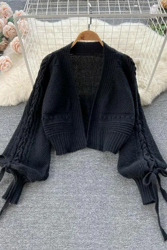 Women Fashion Lantern Sleeve Lace-up Knit Sweater Tops