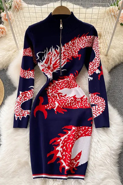 Women Dragon Pattern Long Sleeve Knitted Dress Harajuku Zipper Fly Collar Bodycon Dress