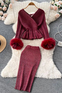 Women Dress Set Elegant Shining Knitted Ruffled Sweater and Skinny High Waist Skirts Two Piece Suits