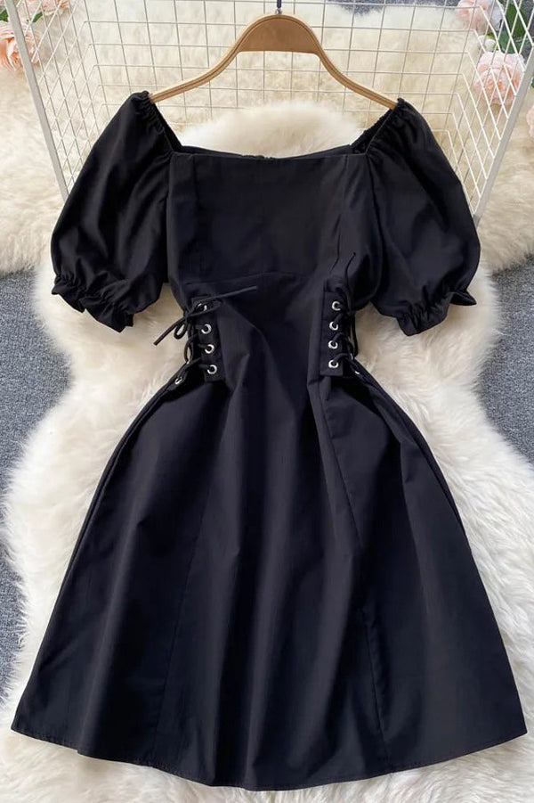 Women Dress Fashion Gothic Bandage Mini Dress Puff Sleeve Dress