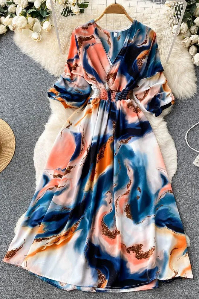 Women Dress Fashion Print Slim Waist Long Dress Vacation Beach Robe Dress