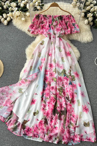 Fashion Off Shoulders Floral Print Maxi Dress Women Slim High Waist Elegant Beach Party Dress