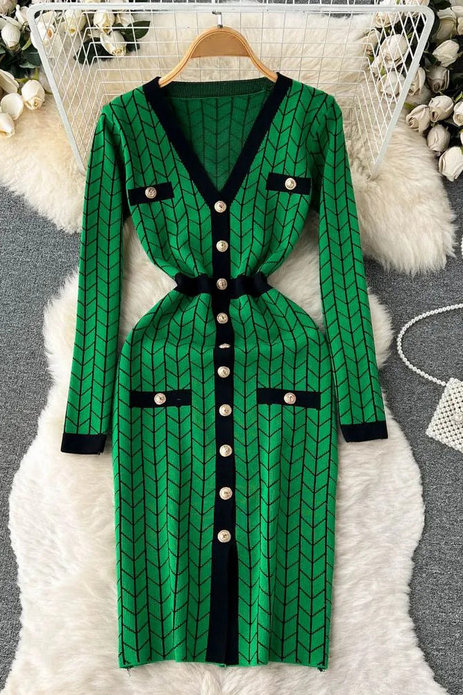 Women Dress Fashion V-neck Buttons Split Knitted Sweater Dress