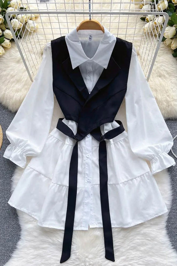 Women Dress Set Fashion Short Blouse Dress + Asymmetrical Vests Female Suits Two Piece