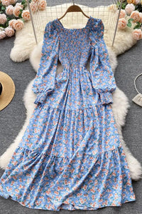 Women Dress Romantic Floral Print Long Puff Sleeve Maxi Dress