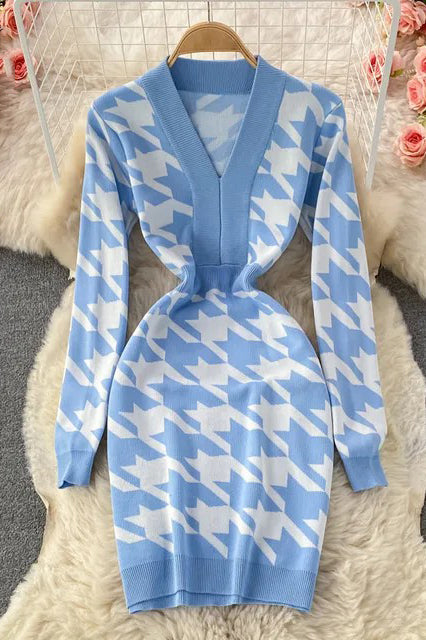 Knit Elegant Stretchy Dress for Women V-neck Lattice Pencil Dress