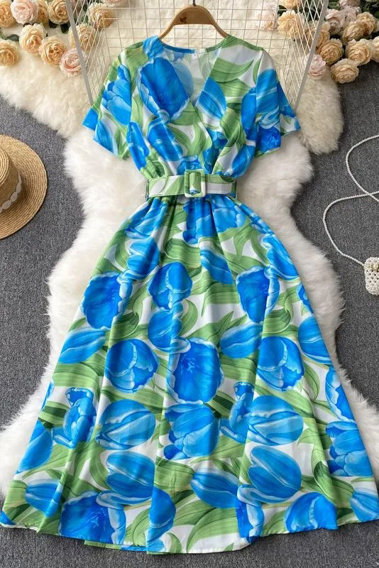 Print Sash Dress Women Elegant Big Swing Flower Long Dress Vacation Style Dress