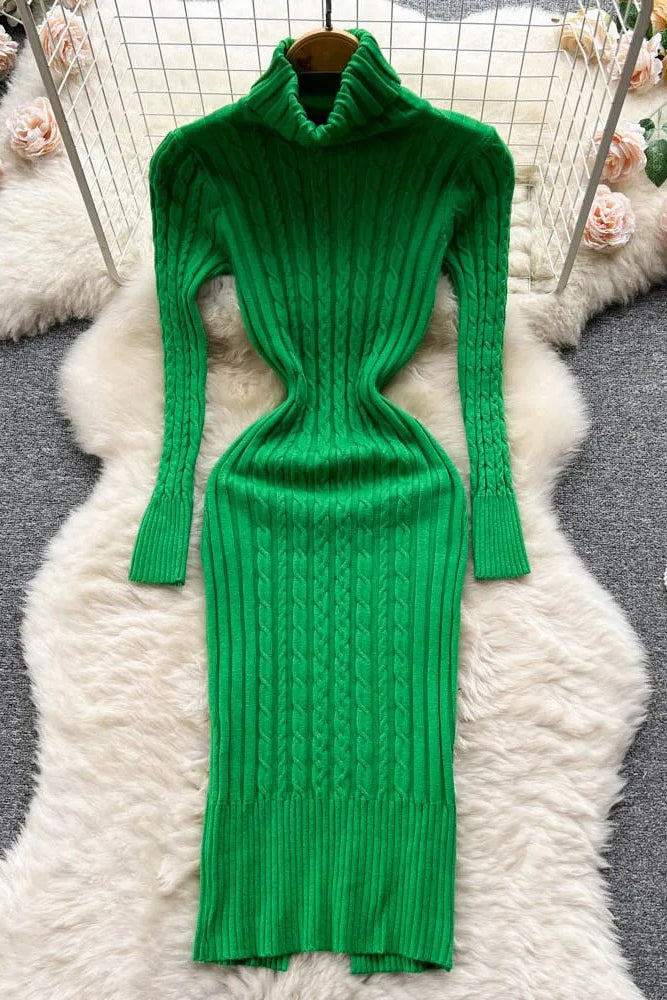 Women Turtleneck Twist Knitted Bodycon Dress Fashion Wrap Hips Dress