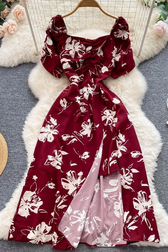 Women Dress Fashion Folds V-neck Floral Print Slit Long Dress Elegant Puff Sleeve Vacation Party Dress