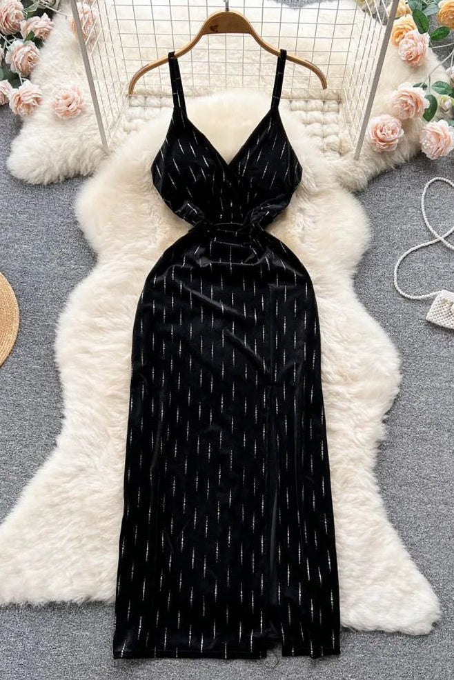 Fashion Women Long Dress Elegant V-neck High Waist Split Velvet Long Dress