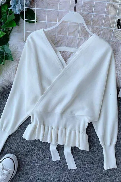 Elegant V Neck Ruffle Sweater Women Fashion Pullover Jumper Knitted Ladies Office Sweater