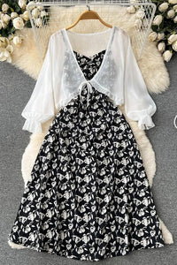 Women Dress Set Fashion Floral Print Strap Dress + Chiffon Shawl Vacation Two Piece Suits