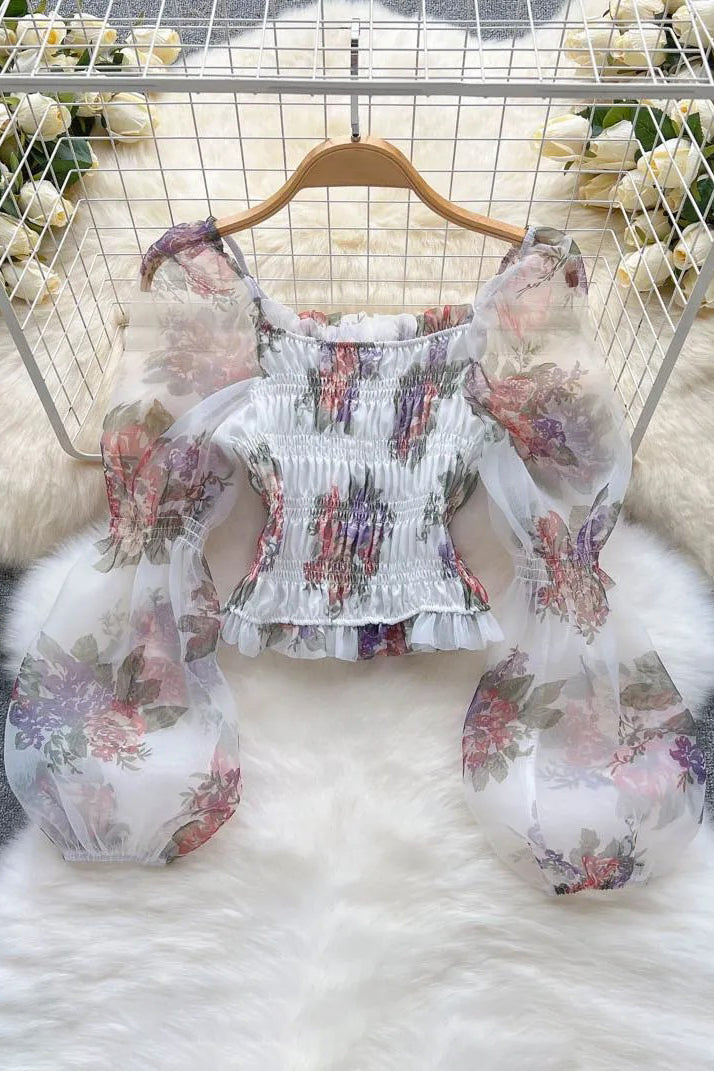 Romantic Flower Print Women Blouses Elegant Mesh Puff Sleeve Slim Elastic Ruched Waist Female Short Shirts Tops