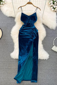 Elegant Velvet Long Dress Retro High Waist Ruffles Split Wrap Hips Bodycon Dress