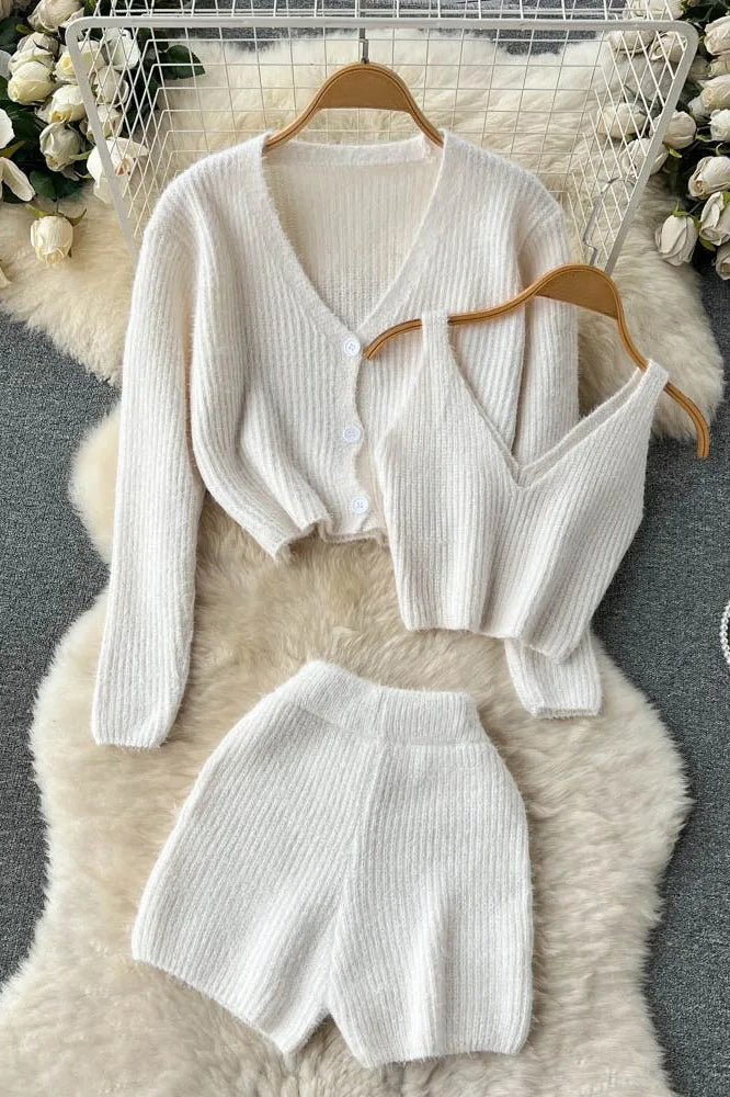 Fashion Three Piece Women Shorts Sets Crop Tops + Cardigans + Shorts Female Knitted Suit Three-Piece