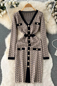 Women Dress Fashion V-neck Buttons Split Knitted Sweater Dress