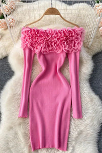Romantic Women 3D Flowers Bodycon Party Dress Elegant Off Shoulders Long Sleeve Knitted Dress