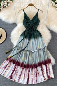 Fashion Tie Dye Print Long Dress Women Elegant High Waist Backless Straps Beach Dress