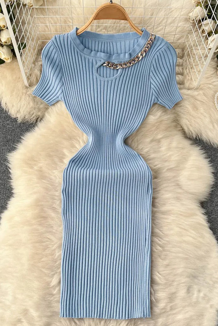 Fashion Women Hollow Out Elastic Mini Dress Chains O-neck Knitted Dress