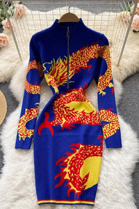 Women Dragon Pattern Long Sleeve Knitted Dress Harajuku Zipper Fly Collar Bodycon Dress