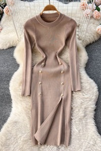 Women Dress Elegant Double-breasted Split Knitted Wrap Hips Bodycon Dress