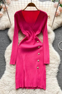 Lady V-neck Buttons Split Elegant Dress for Women Long Sleeve Knitted Sweater Dress