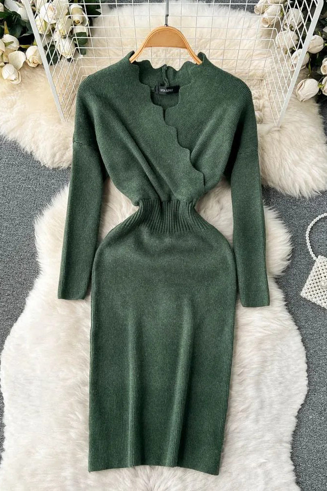 Cross V-neck Elegant Knit Sweater Dress Women Elastic Waist Long Sleeve Ladies Dress